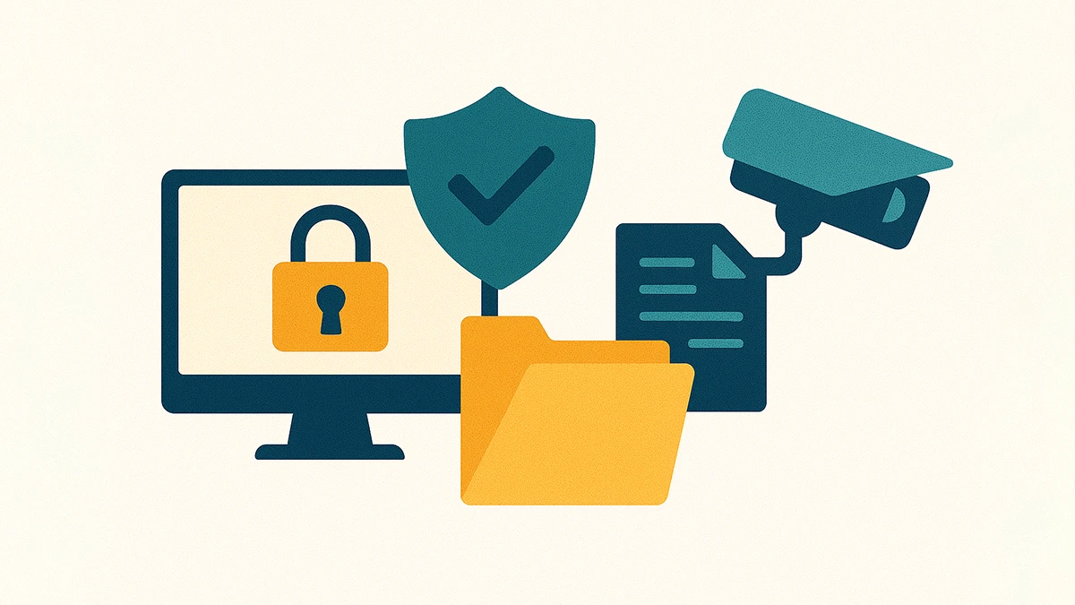 Illustrazione vettoriale sulla protezione dei dati aziendali con computer, cartelle, scudo e simboli di sicurezza informatica