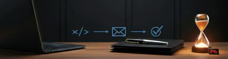 Scrivania di studio legale con clessidra, laptop e codici: riferimento alle tempistiche dell’emissione del decreto ingiuntivo da fattura elettronica e ai tempi di notifica