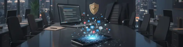Smartphone su scrivania ufficio con icone social network e scudo dorato, simbolo di difesa legale. diffamazione: risarcimento dovuto per offese online (diffamazione a mezzo social). Scopri esempi di diffamazione sui social, specialmente diffamazione a mezzo facebook