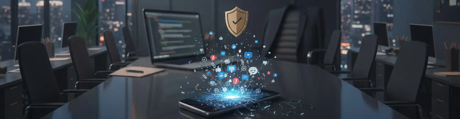 Smartphone su scrivania ufficio con icone social network e scudo dorato, simbolo di difesa legale. diffamazione: risarcimento dovuto per offese online (diffamazione a mezzo social). Scopri esempi di diffamazione sui social, specialmente diffamazione a mezzo facebook