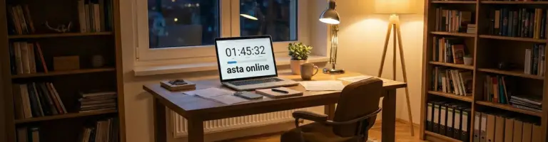 Scrivania avvocato aste giudiziarie con laptop, countdown per aste giudiziarie online e partecipazione da remoto