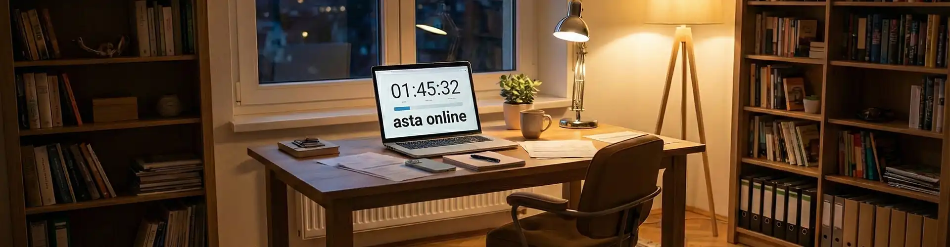 Scrivania avvocato aste giudiziarie con laptop, countdown per aste giudiziarie online e partecipazione da remoto