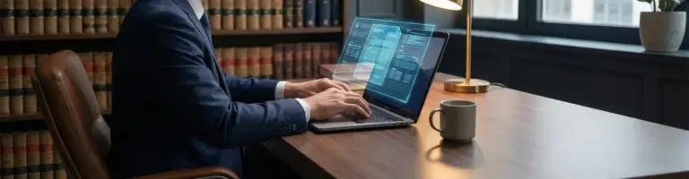 Avvocato civilista online al lavoro su pc con ologramma della tecnologia blockchain, cos'è, come funzione, esaminando possibili truffe blockchain e configurando un blockchain wallet